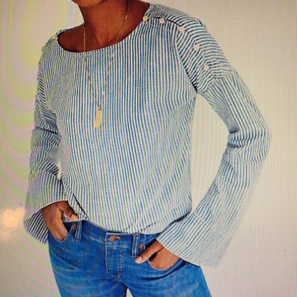Madewell Convertible Cold Shoulder Chambray Blue & White Stripe Top With…